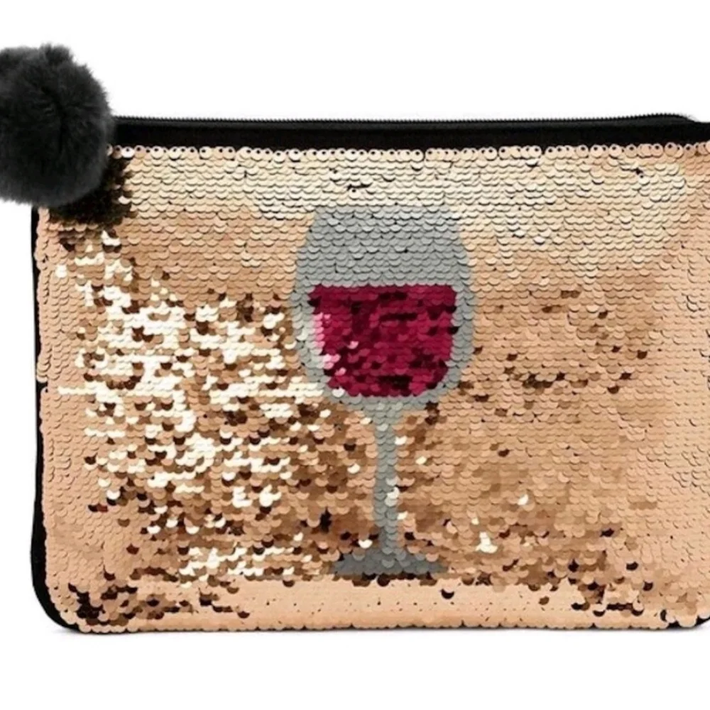 New Stella & Dot Sequin Flip Wine Party Fun Clutch Bag Pouch Pom Pom Black Gold